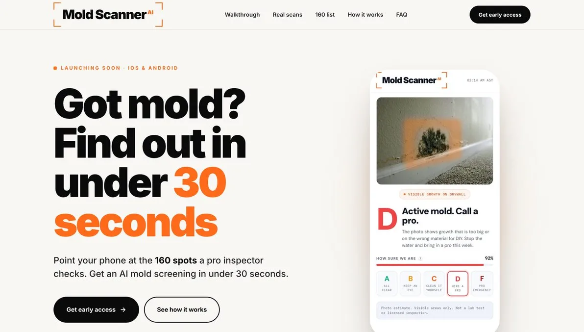 Mold Scanner AI app site built by Tested Media, SEO company serving Long Beach